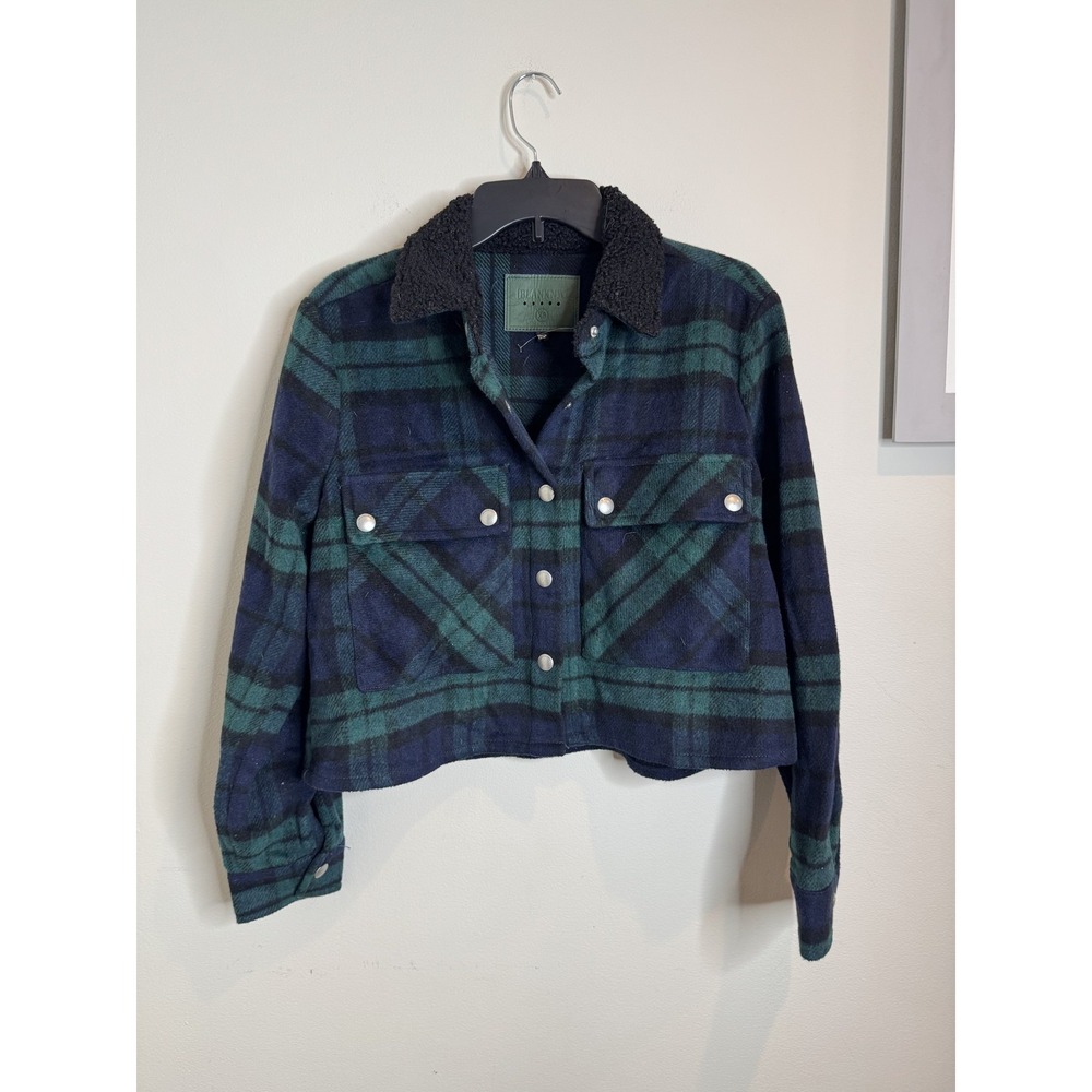 BLANKNYC Jacket Womens Extra Small Green Black Plaid Sherpa Collar Cropped XS